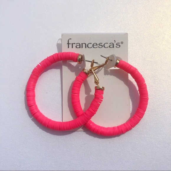 Neon Pink & Turquoise Rubber Disc Hoop Earrings - Picture 6 of 8